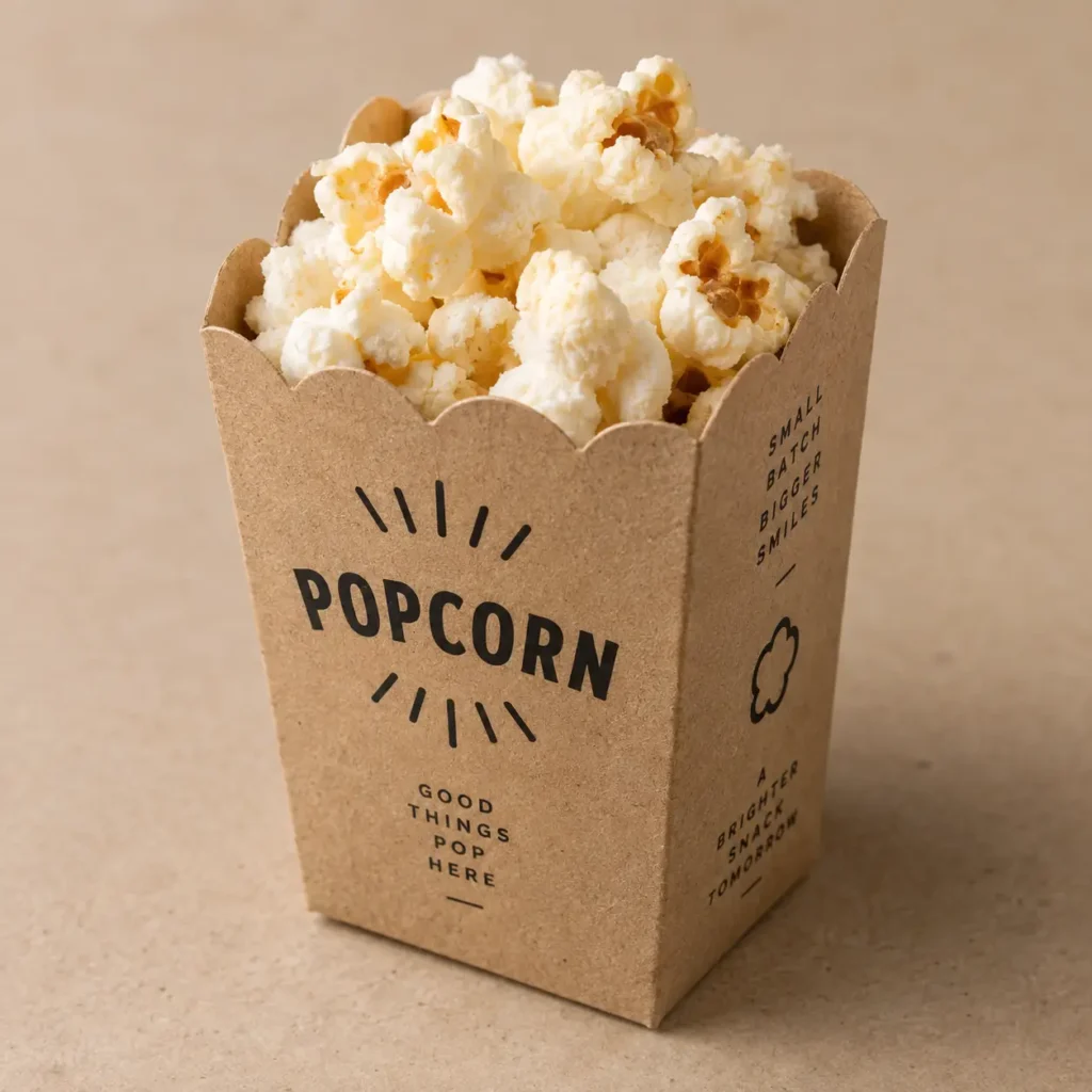 Kraft paper popcorn box overflowing with fresh white popcorn, featuring bold black branding and scalloped edges on beige background