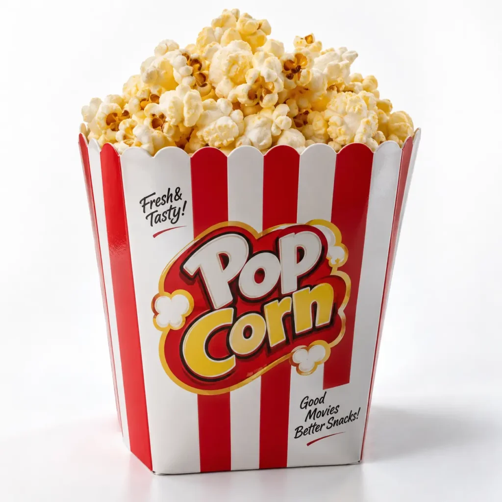 Red and white striped popcorn box filled with fresh buttery popcorn, classic movie snack packaging design by The Packaging Masters