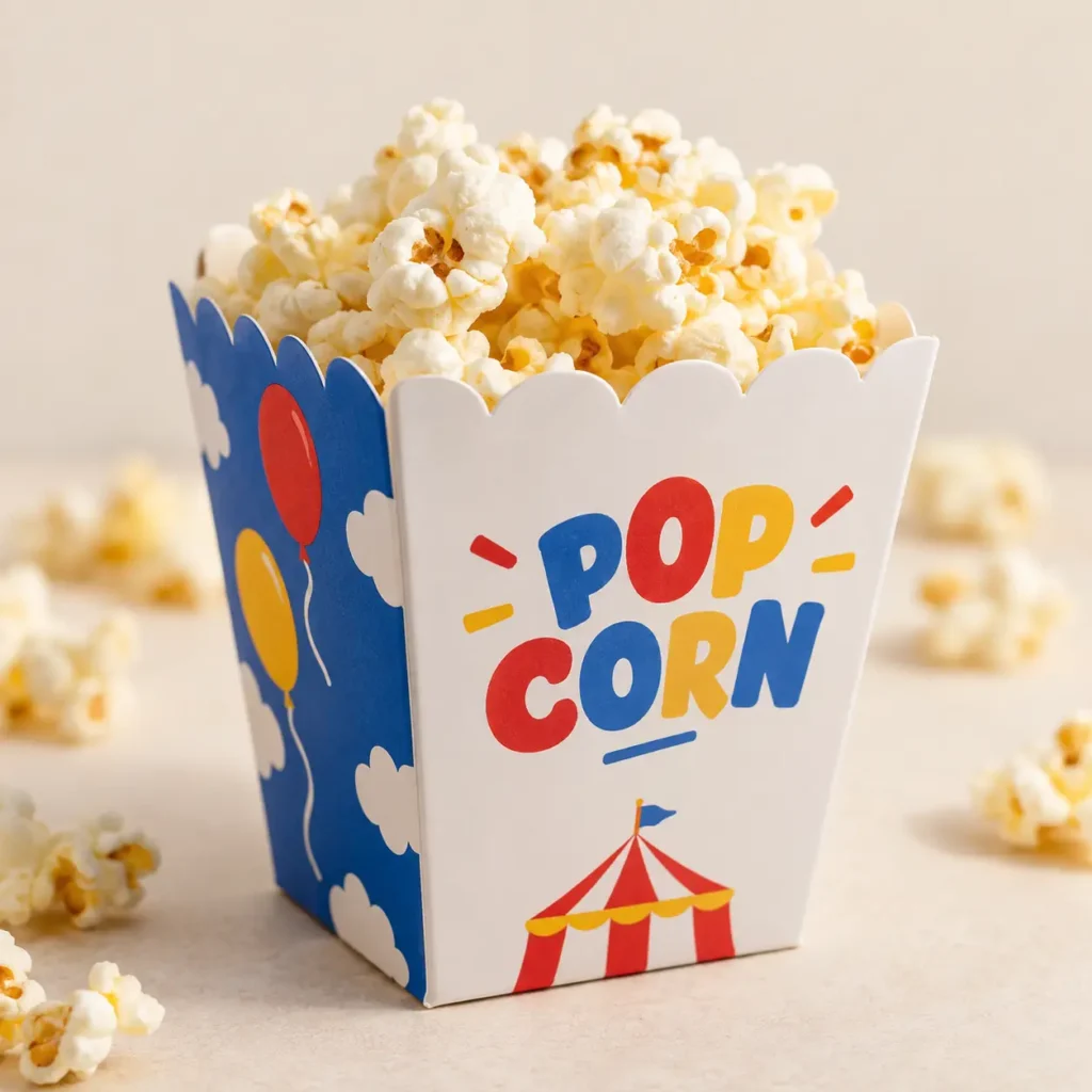 Colorful carnival popcorn box overflowing with fresh popcorn, featuring red, blue, yellow circus tent design and balloon graphics