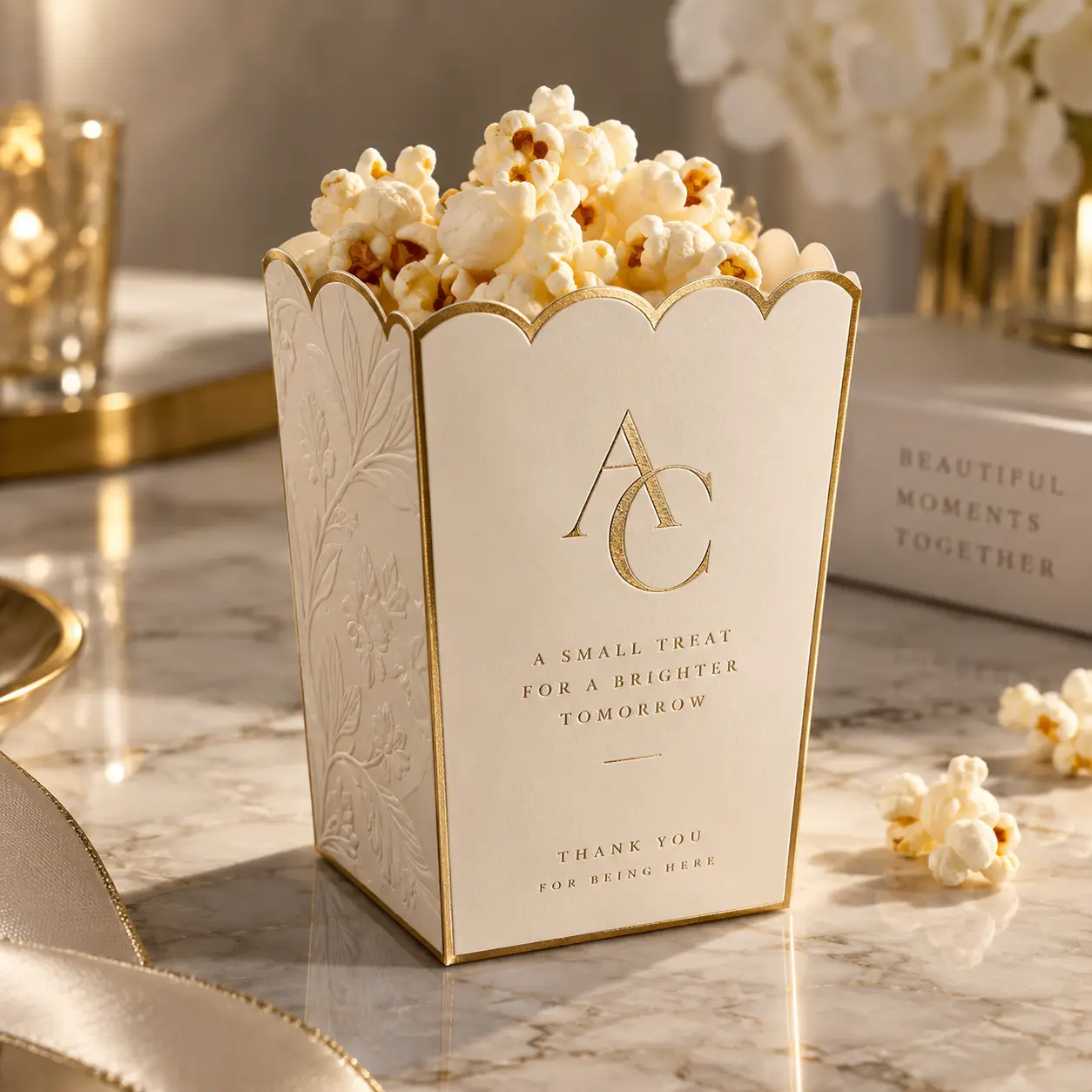 Elegant ivory gold monogram wedding popcorn box favor on marble, embossed floral design, luxury event packaging by The Packaging Masters