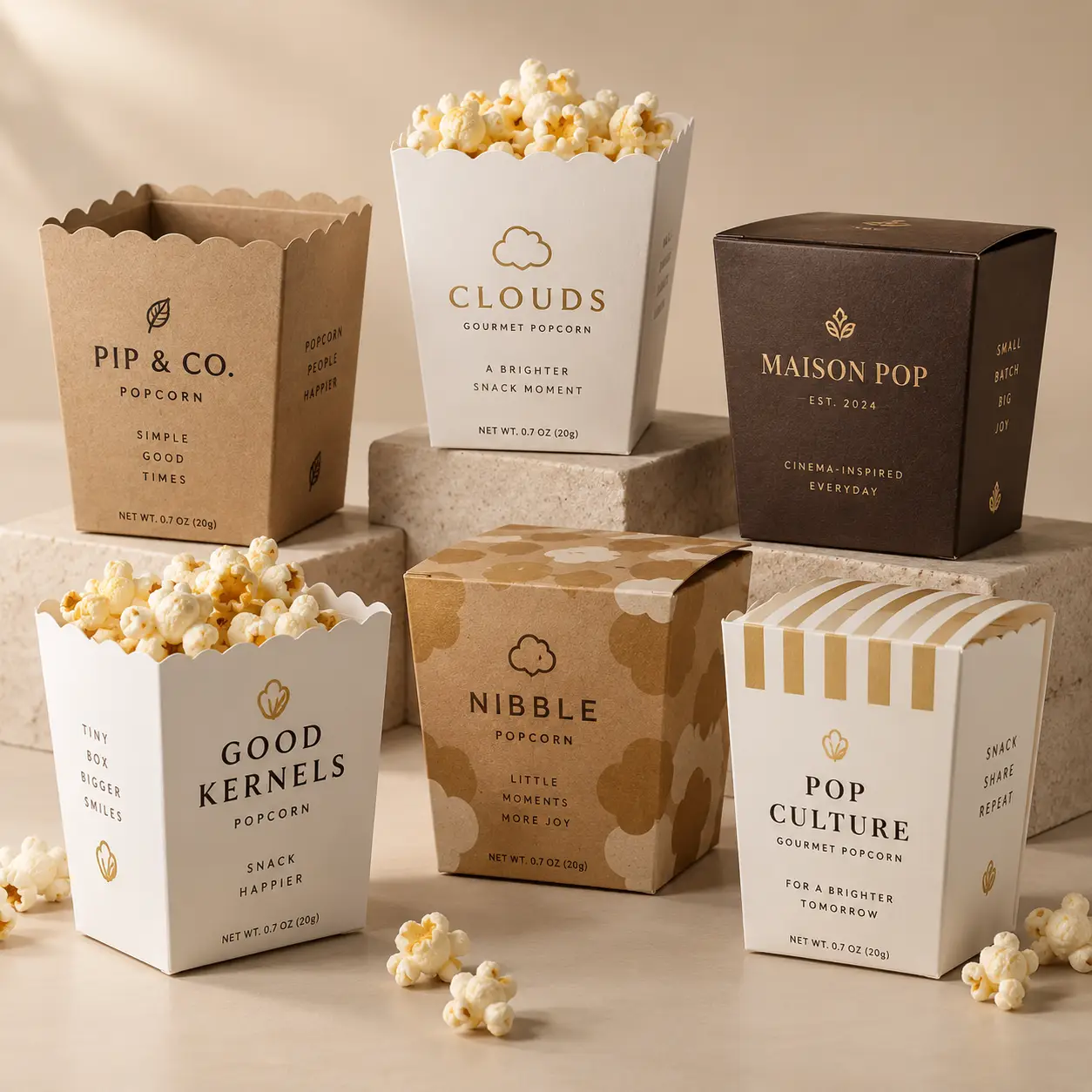 Six premium gourmet popcorn mini boxes in white, kraft, and dark brown displayed on stone pedestals with elegant gold typography