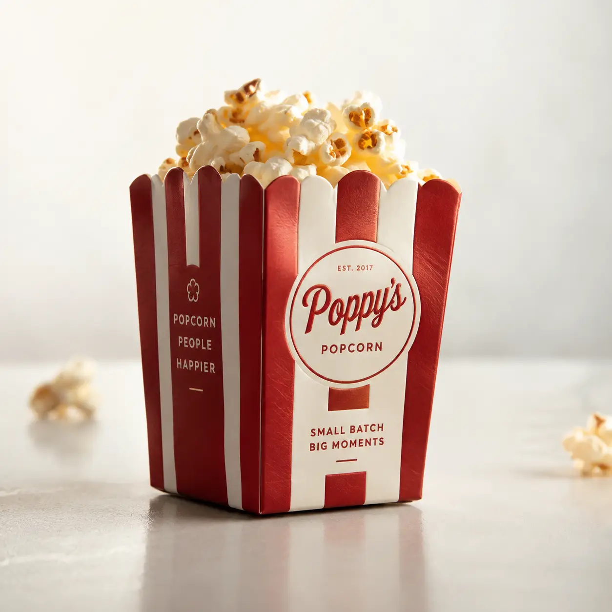 Red and white striped Poppy's Popcorn custom food box packaging filled with fresh popcorn, retro branding design