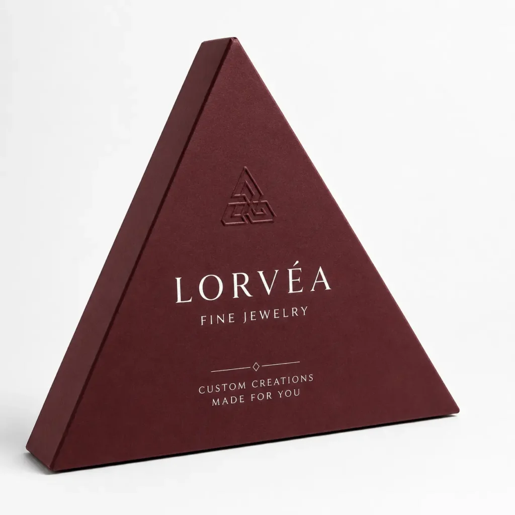 Lorvéa Fine Jewelry triangular burgundy luxury gift box with embossed logo and white foil custom jewelry packaging