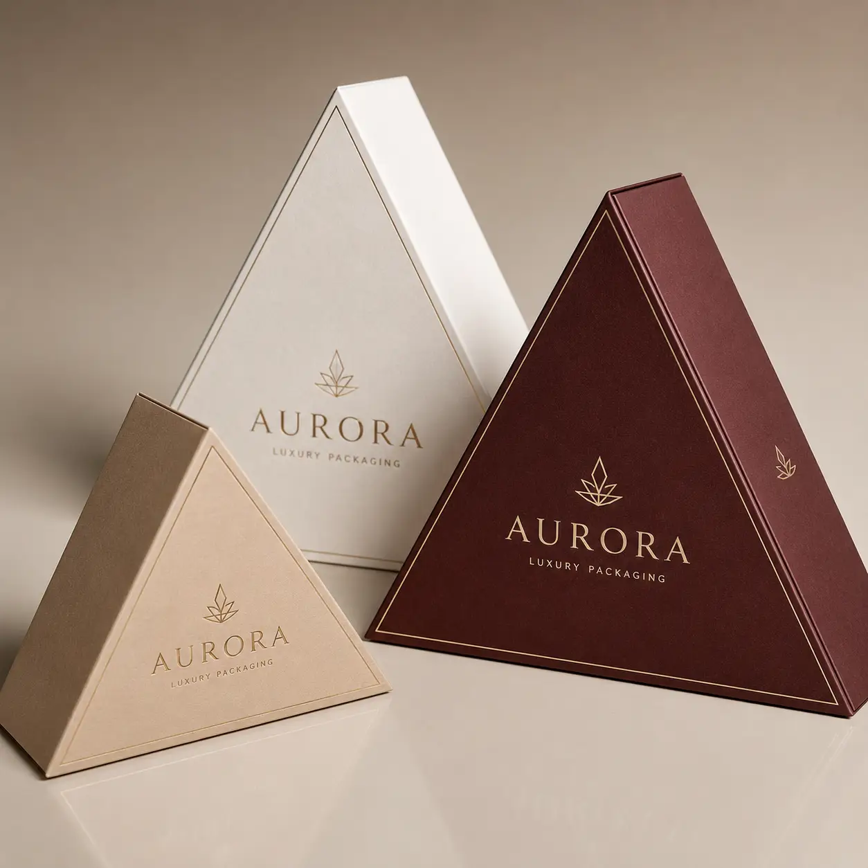 Three Aurora luxury triangle gift boxes in cream, white, and burgundy with gold foil branding for premium packaging design