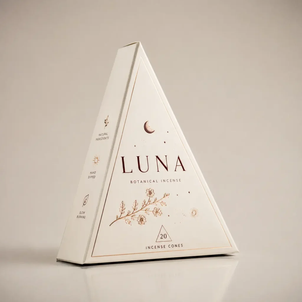 Luna Botanical Incense 20 cones triangular white luxury packaging with gold crescent moon floral design minimal elegant branding