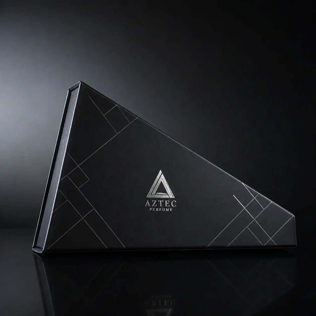 Black triangular luxury perfume box packaging for Aztec Perfume with silver geometric pattern and metallic logo on dark background