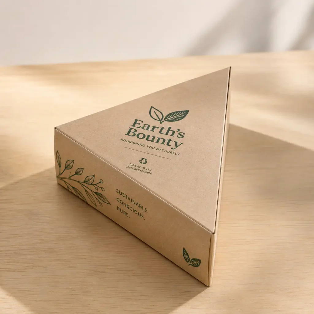 Kraft brown triangular eco-friendly box packaging for Earth's Bounty brand with green botanical print on wooden surface