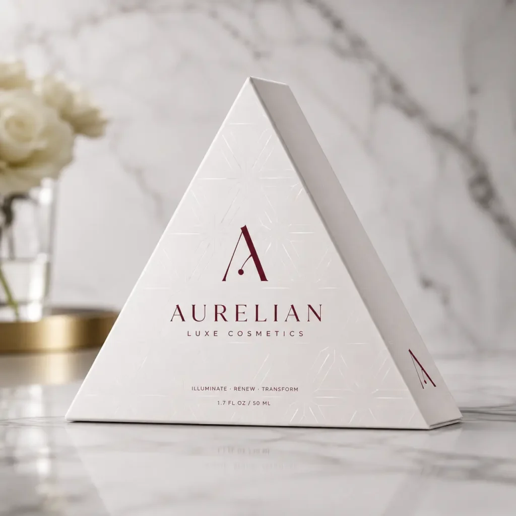 White triangular luxury cosmetic box packaging for Aurelian Luxe Cosmetics with burgundy logo on marble surface