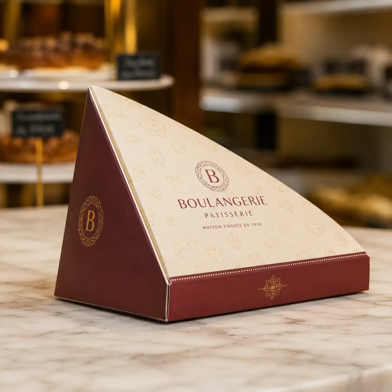Elegant triangular burgundy and cream bakery box for Boulangerie Patisserie on marble counter, luxury custom packaging design