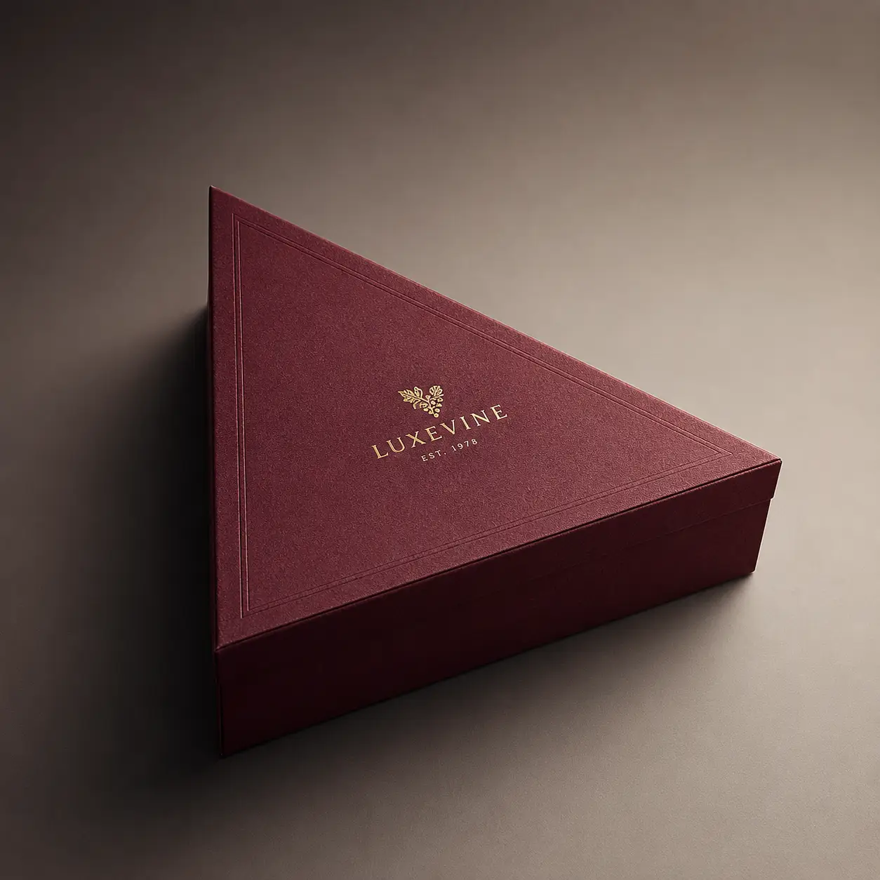 Luxevine Est. 1978 luxury triangular burgundy gift box with gold foil branding, elegant premium packaging design