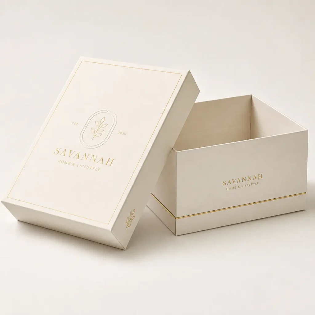 Luxury cream gift box with gold foil Savannah Home & Lifestyle branding, open lid leaning against base, elegant packaging design