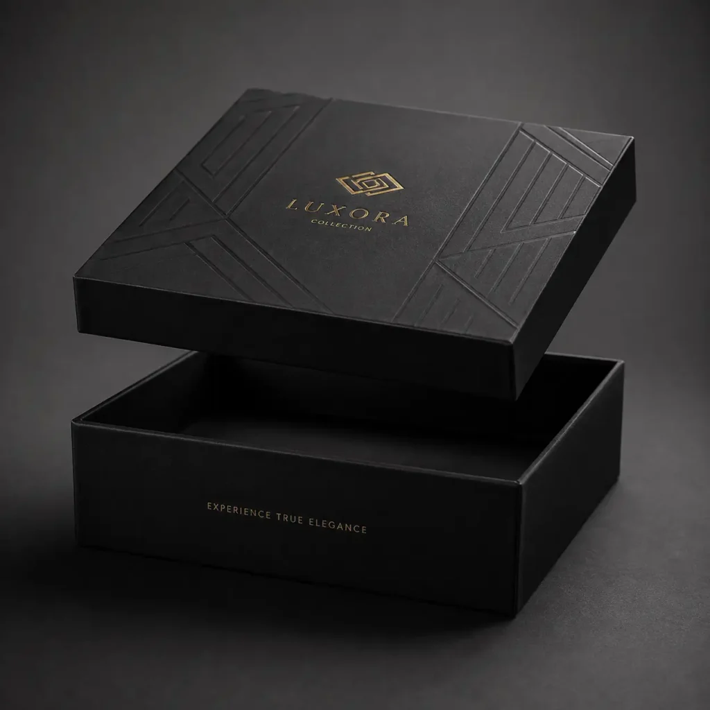 Luxora Collection luxury black rigid gift box with gold foil logo and embossed geometric pattern, open lid display