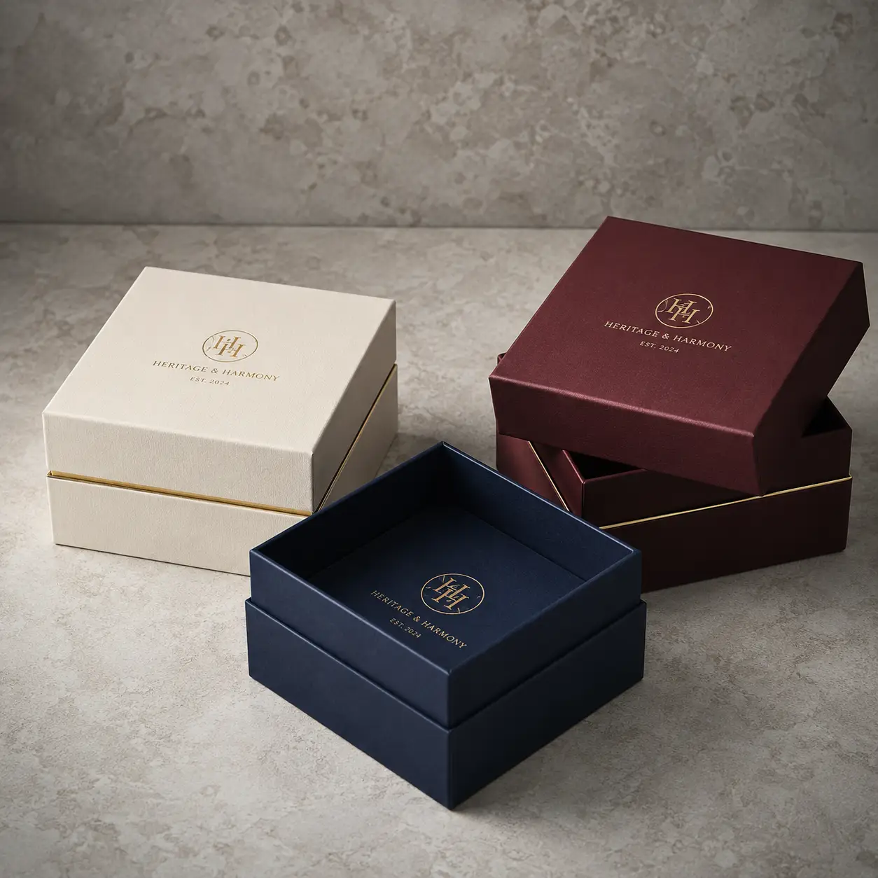 Three luxury Heritage & Harmony gift boxes in cream, burgundy, and navy with gold foil monogram logos on marble surface