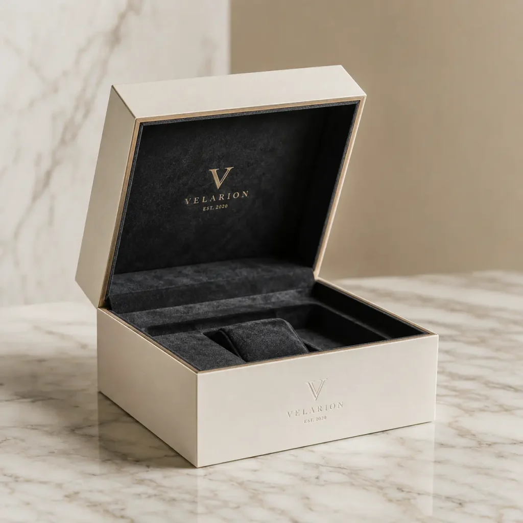 Luxury cream watch box open displaying dark suede interior with gold Velarion branding on marble surface