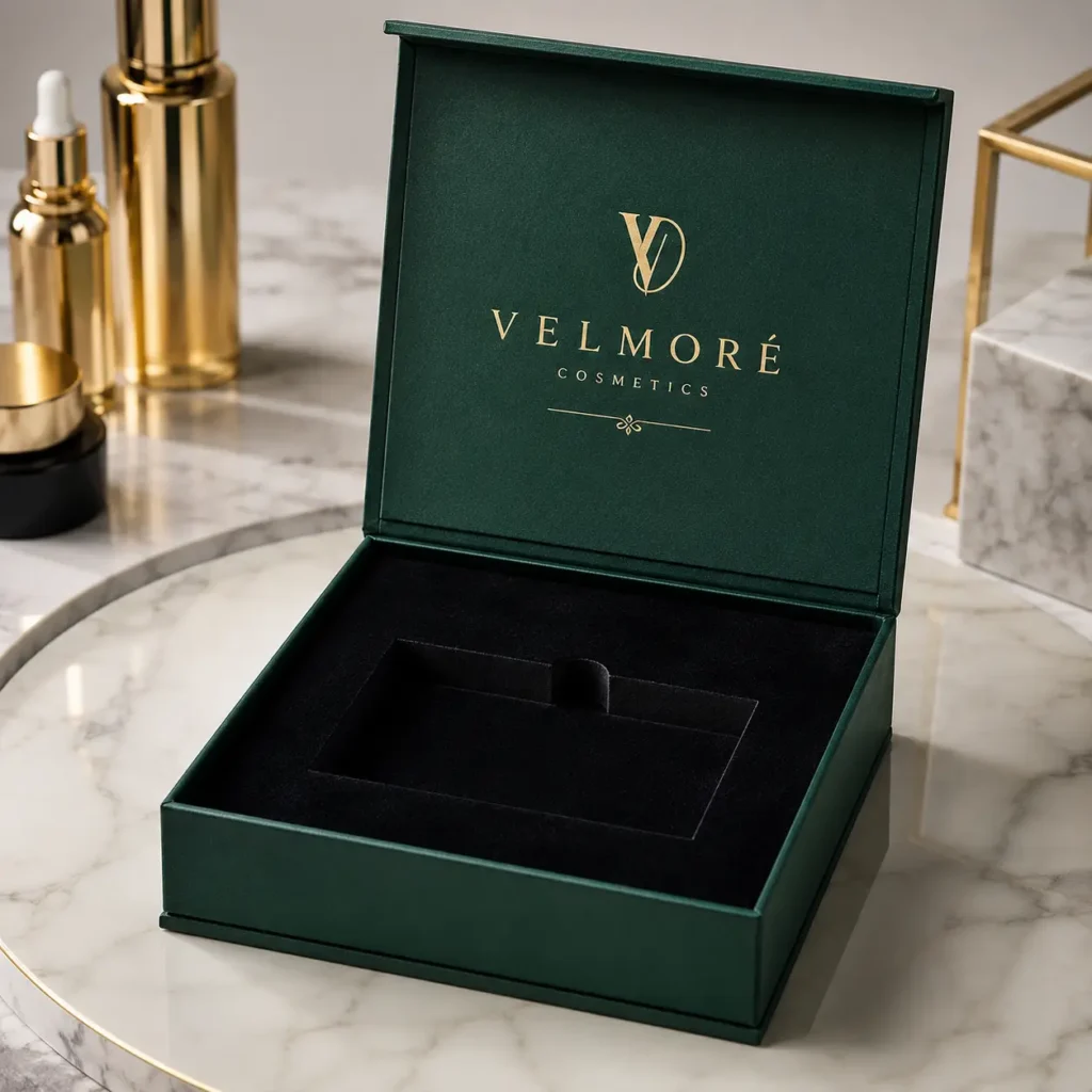 Luxury green magnetic gift box with gold Velmoré Cosmetics logo, black velvet insert, marble surface, premium cosmetic packaging