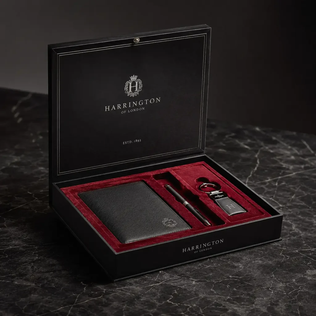 Harrington of London luxury black gift box set with red velvet interior, leather wallet, pen, and keychain, estd. 1893
