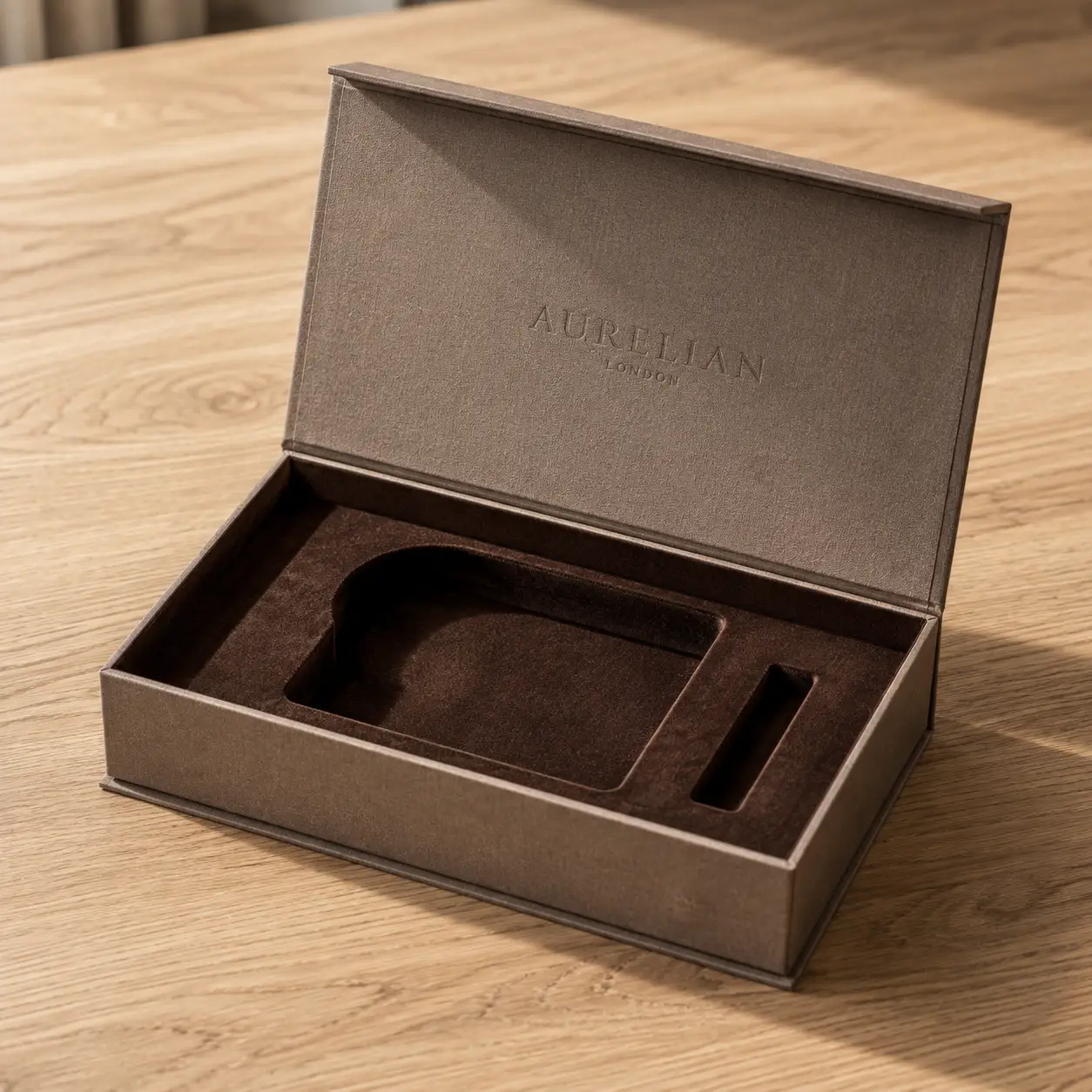 Aurelian London luxury brown rigid gift box with velvet interior cutout, open on wooden table, premium watch packaging