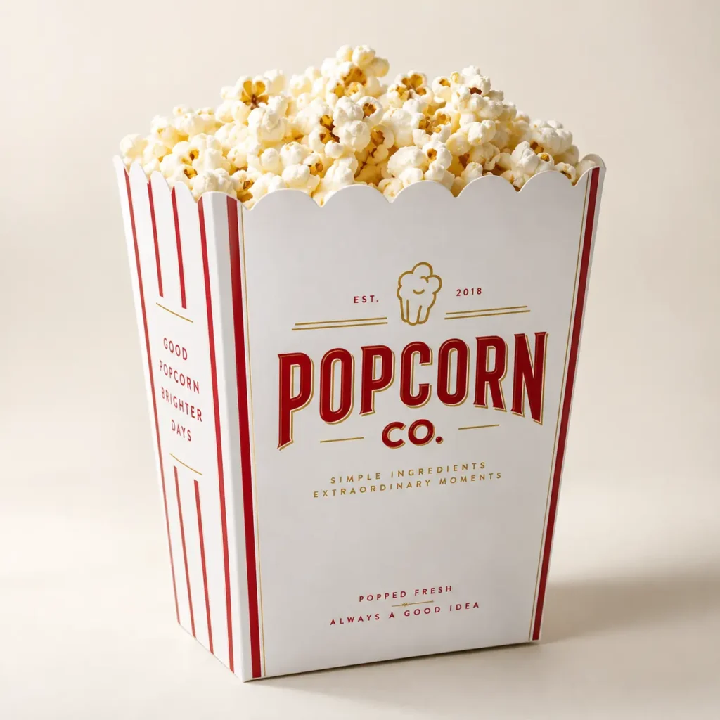 White and red striped popcorn box packaging design by Popcorn Co. EST 2018, filled with fresh popped corn, vintage retail branding