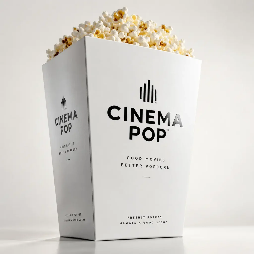 White Cinema Pop popcorn box packaging design with minimalist branding, overflowing fresh popcorn, clean luxury product photography
