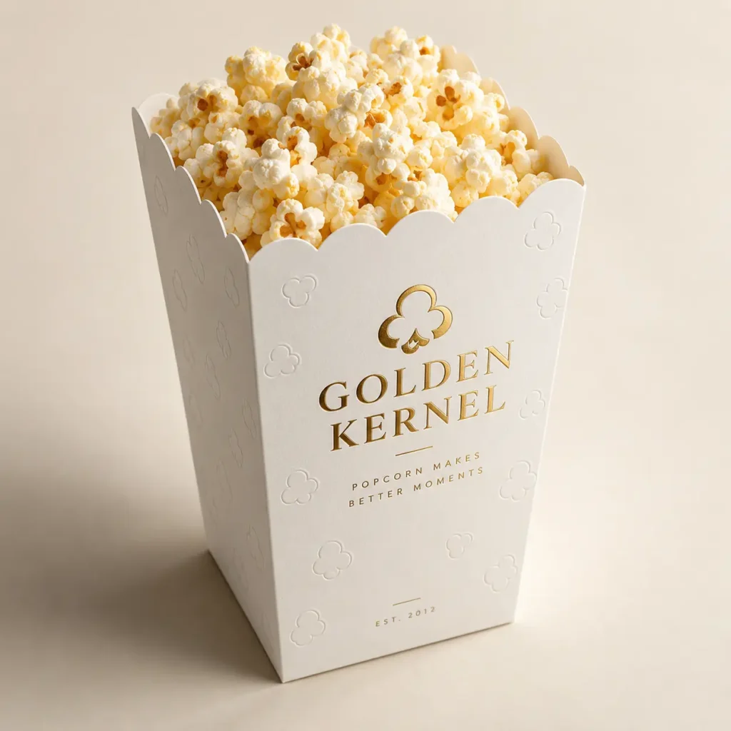 White luxury popcorn box packaging with gold foil Golden Kernel branding, filled with fresh popcorn, elegant embossed design