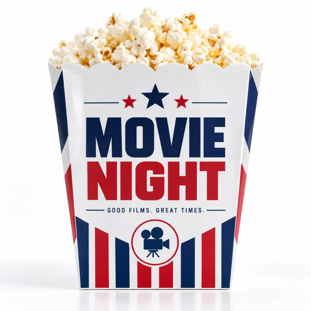 Red white blue Movie Night popcorn box overflowing with fresh popcorn, stars stripes film camera logo, custom food packaging design