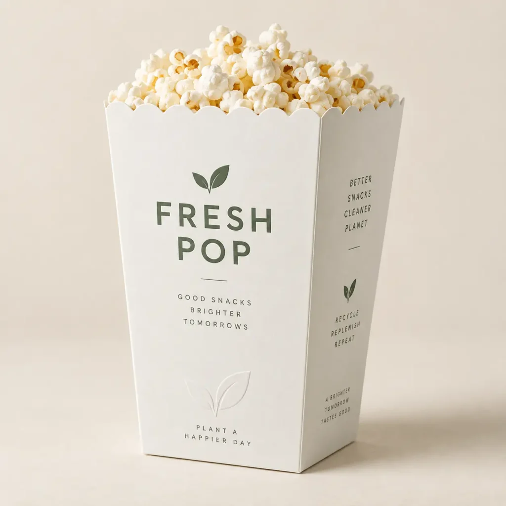White eco-friendly popcorn box packaging design with green leaf logo, Fresh Pop brand, filled with white popcorn, minimalist style