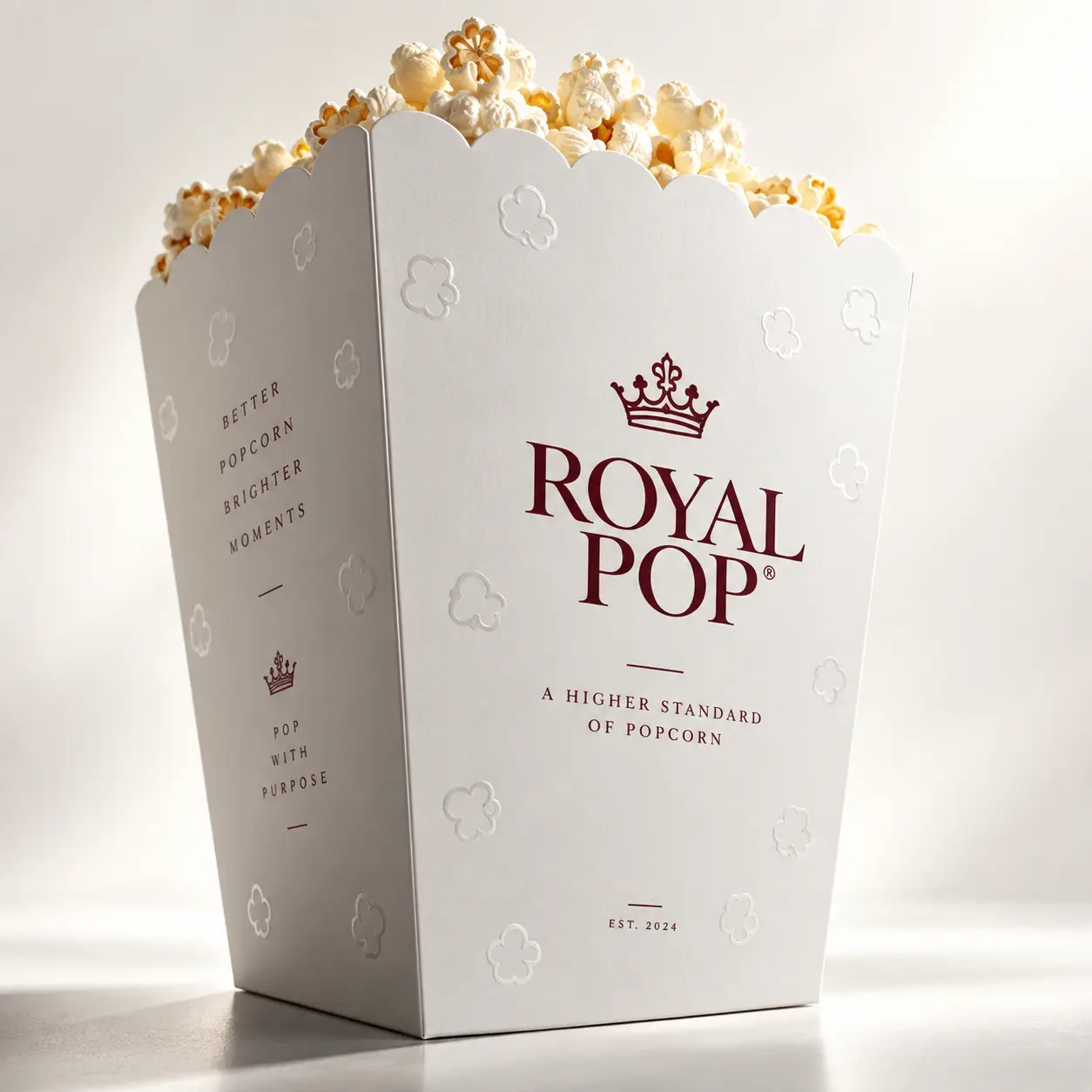 Elegant white Royal Pop popcorn box packaging with embossed floral pattern, burgundy crown logo, luxury premium branding design EST 2024
