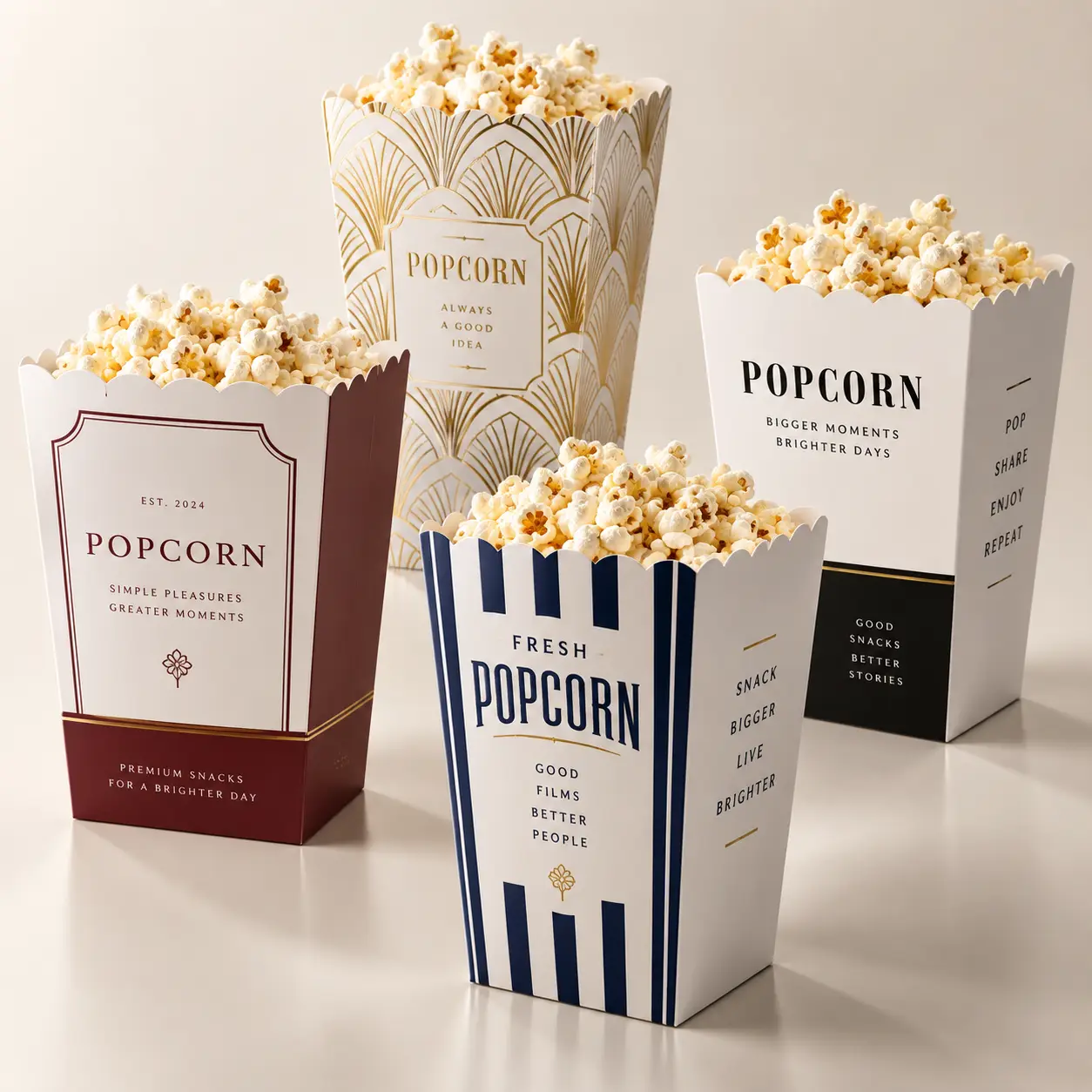 Four premium popcorn boxes in burgundy, navy stripe, gold art deco, and white designs filled with fresh popcorn on white surface