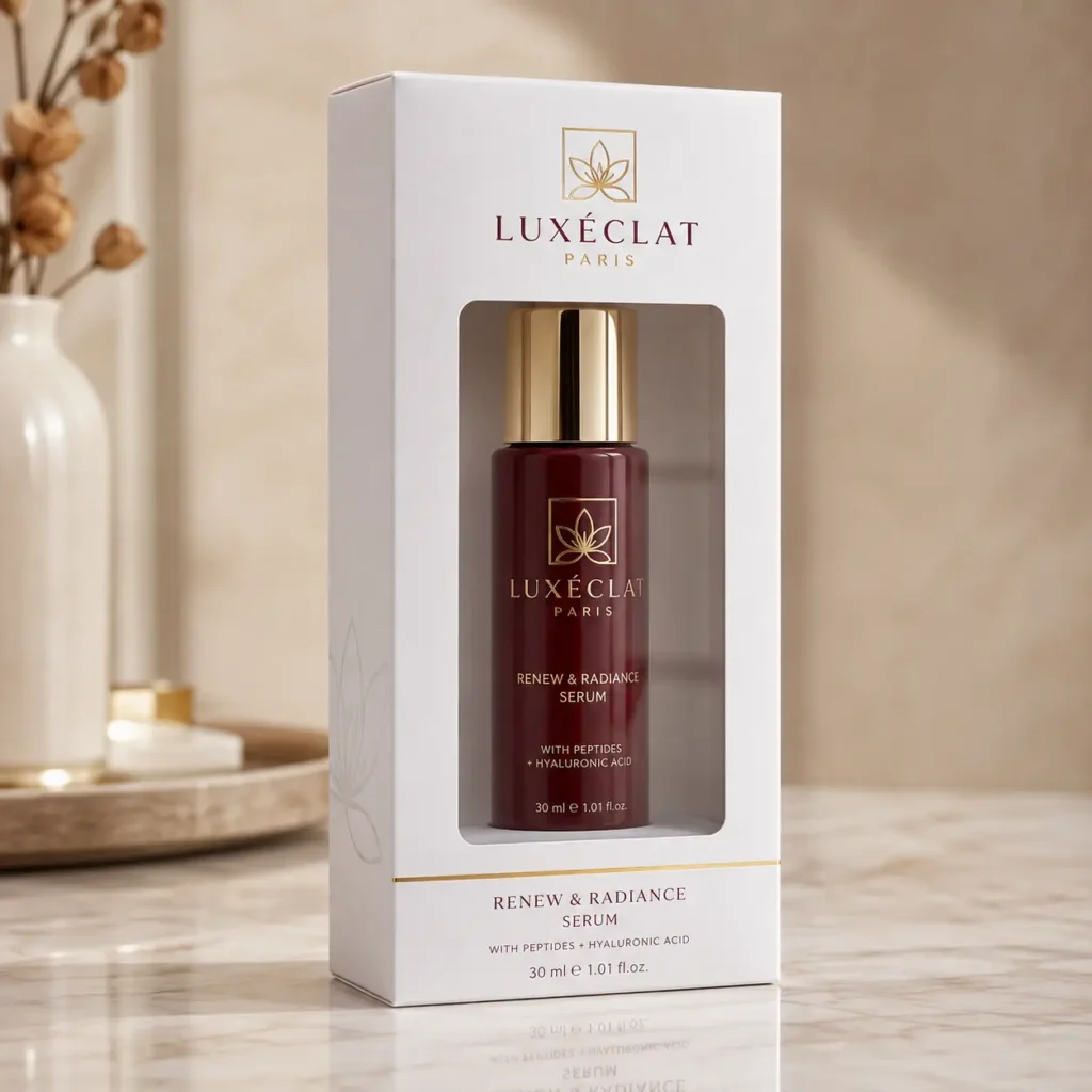 Luxéclat Paris Renew & Radiance Serum luxury skincare packaging, burgundy gold bottle in white box on marble surface