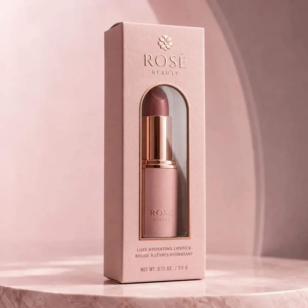 Rosé Beauty luxury lipstick packaging box in blush pink with rose gold accents, mauve bullet, elegant cosmetic product display