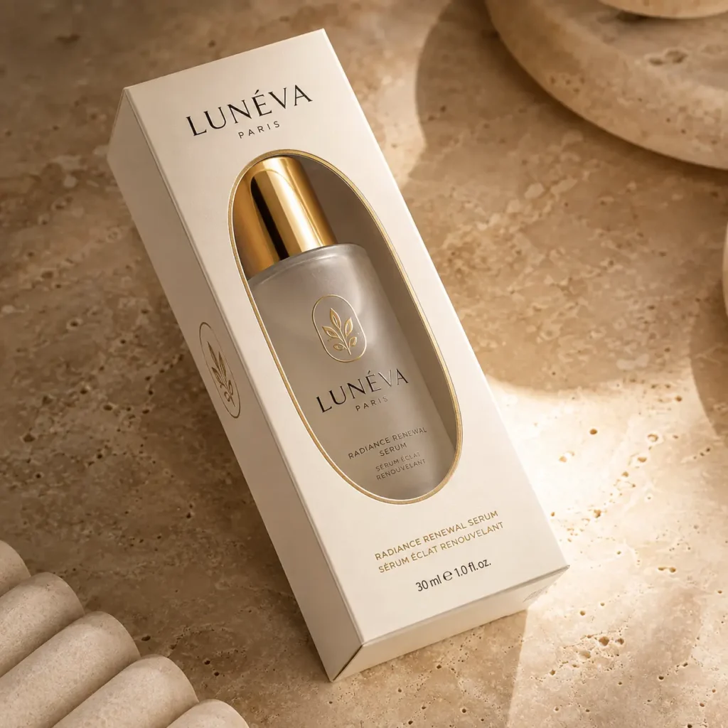 Lunéva Paris Radiance Renewal Serum 30ml in luxury cream gold packaging box on travertine stone surface
