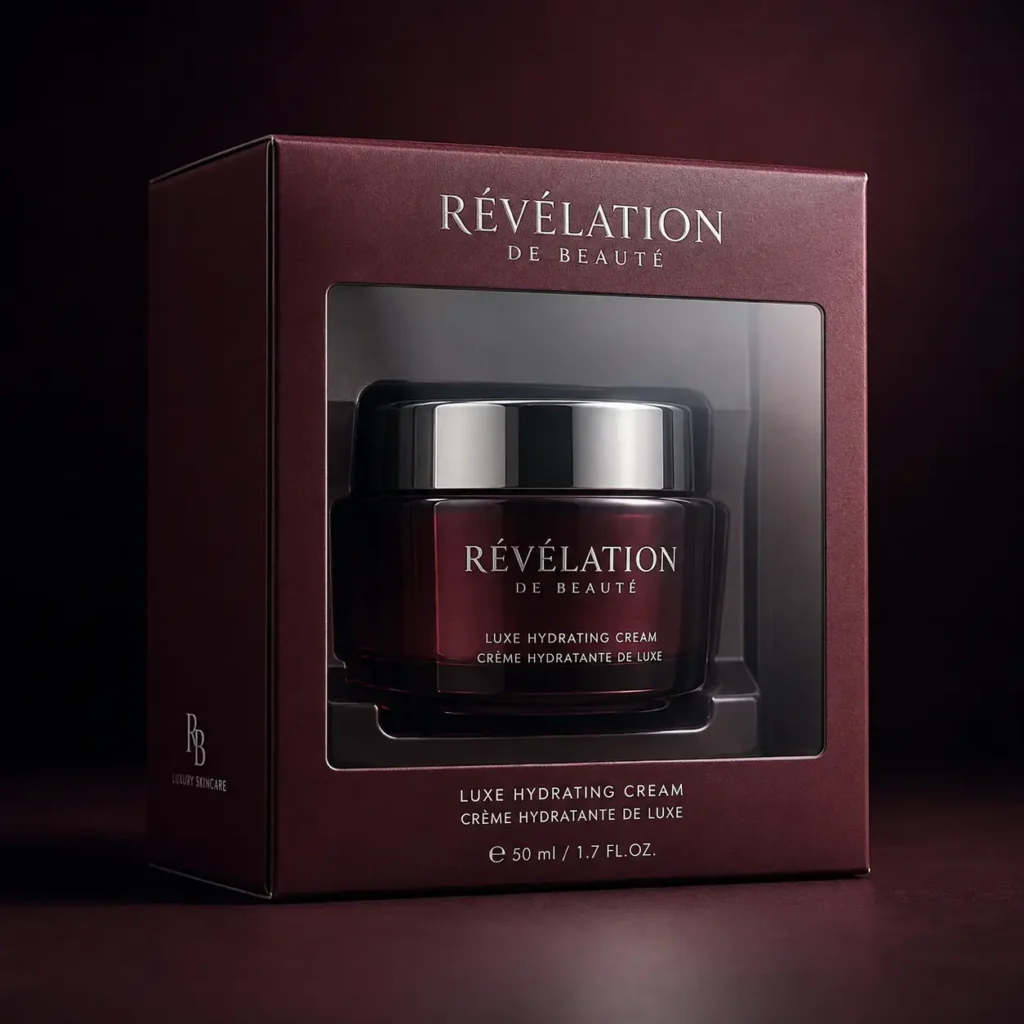 Révélation de Beauté luxury skincare Luxe Hydrating Cream 50ml in deep burgundy jar with silver lid and premium gift box packaging