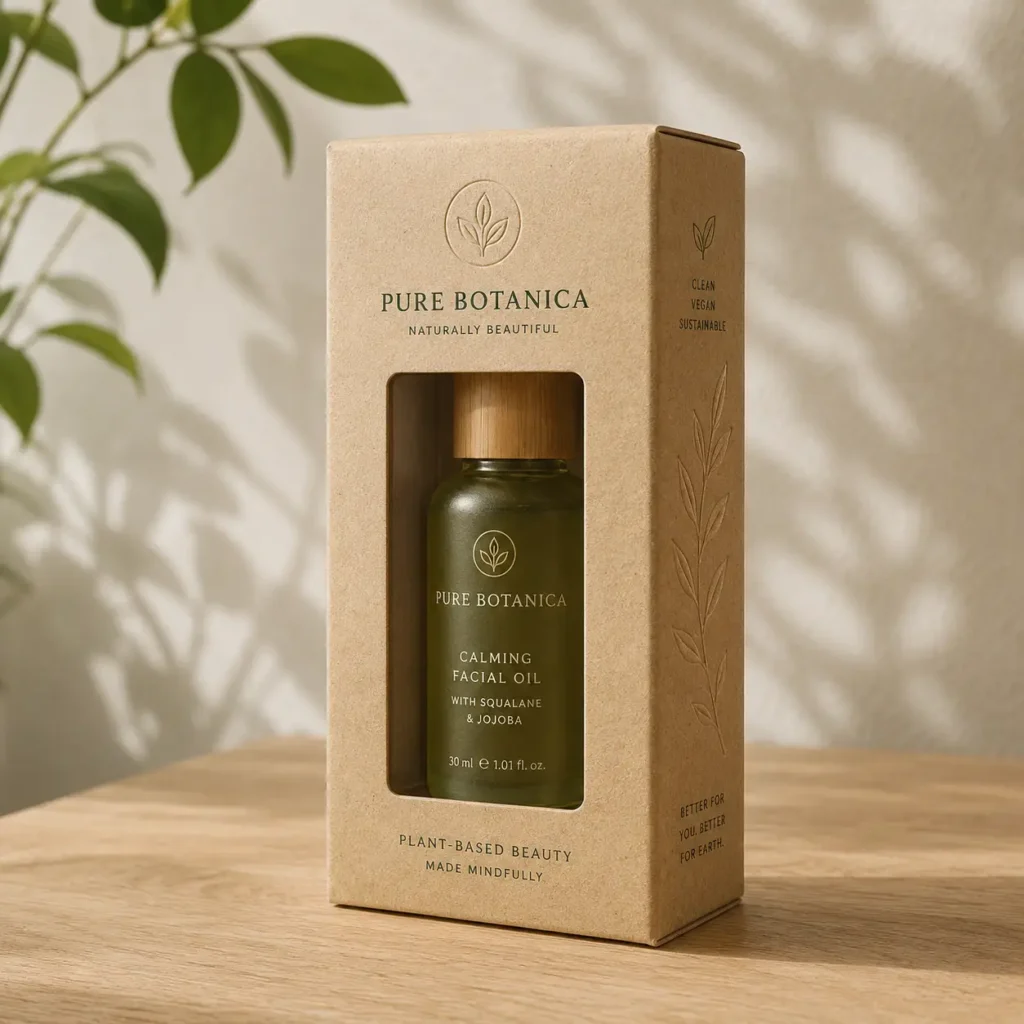Pure Botanica Calming Facial Oil 30ml in kraft eco-friendly box with window, bamboo cap, clean vegan sustainable packaging design