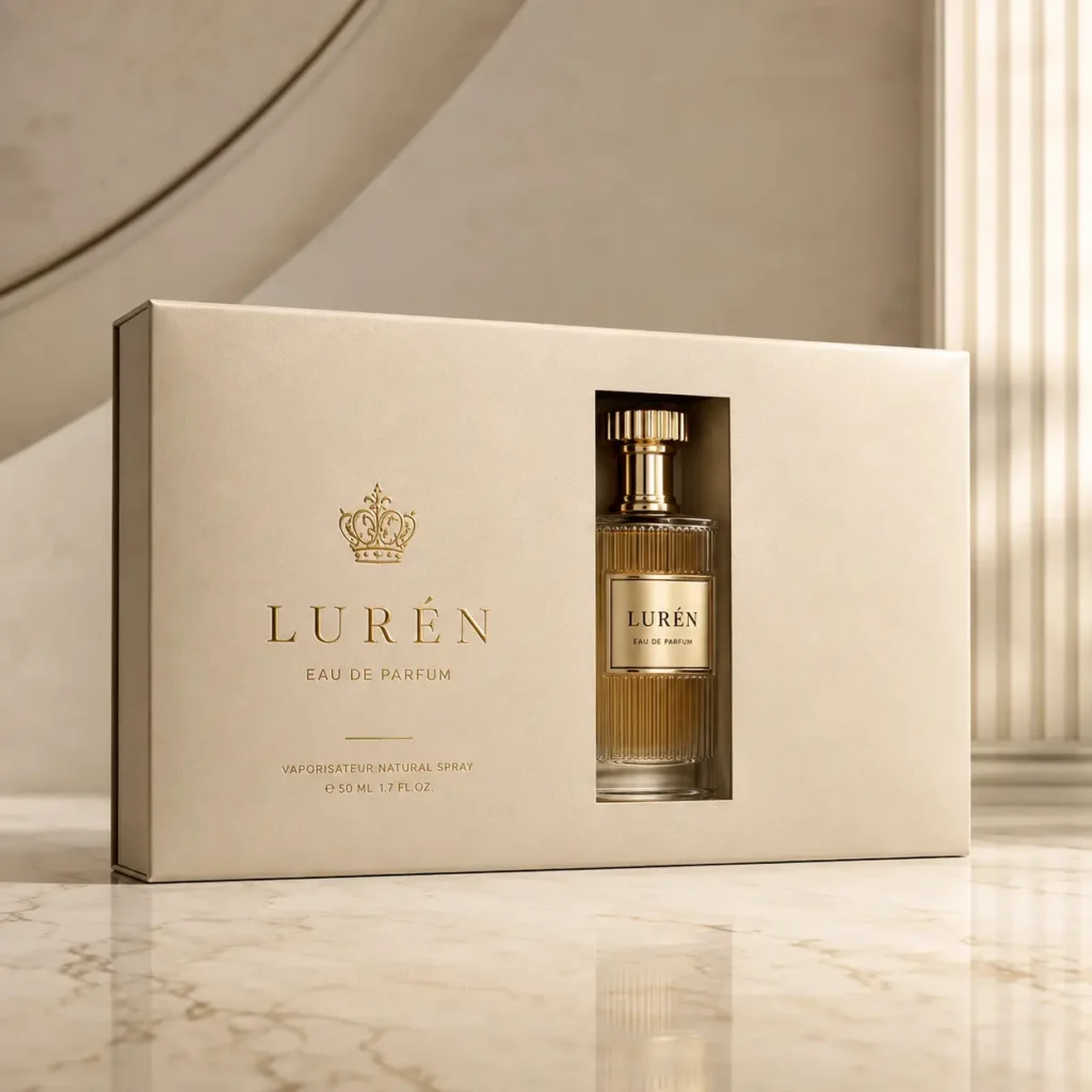 Lurén Eau de Parfum 50ml gold luxury perfume bottle in cream gift box on marble surface, elegant packaging design