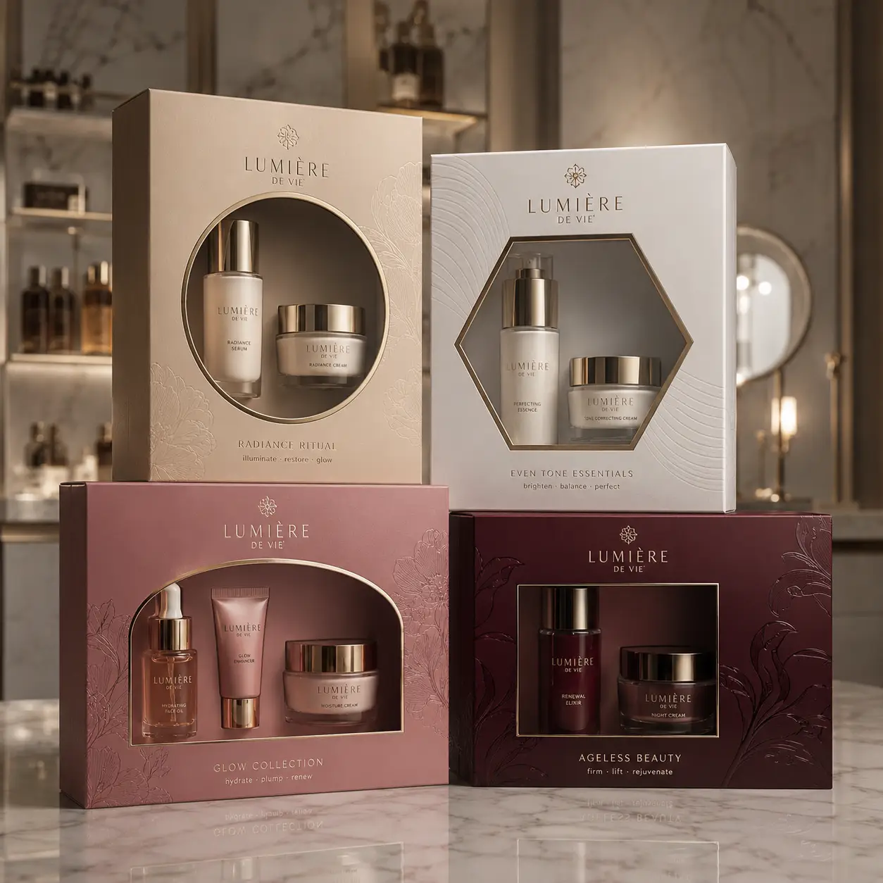 Lumière De Vie luxury skincare gift sets in beige, white, pink, and burgundy packaging displayed on marble surface