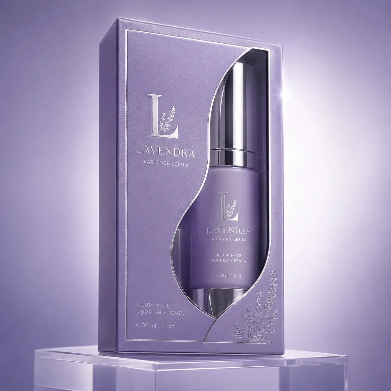 Lavendra Radiance Serum 30ml luxury purple skincare packaging with silver pump bottle displayed in elegant windowed gift box