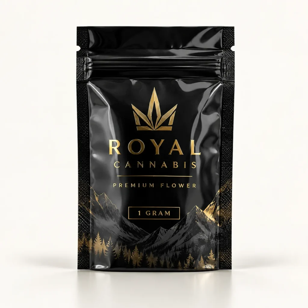 Black glossy cannabis mylar bag with gold Royal Cannabis Premium Flower 1 gram branding, mountain forest design