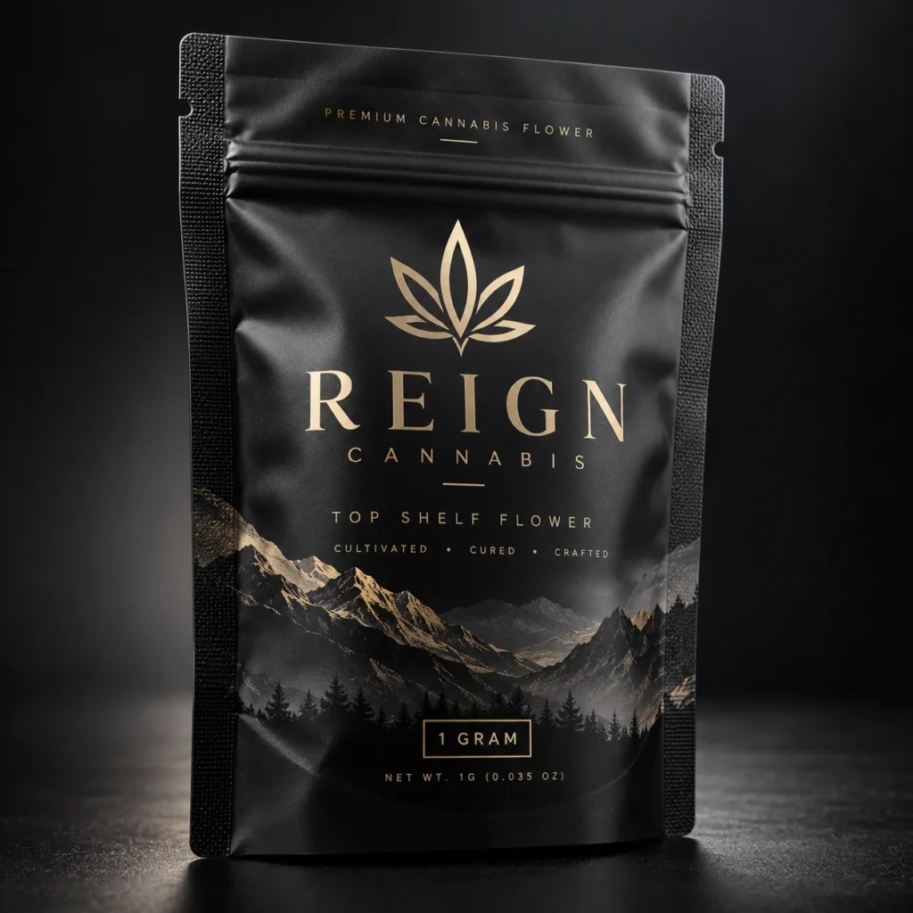 Matte black 1g cannabis flower pouch with gold foil Reign Cannabis branding, mountain landscape, premium mylar packaging design