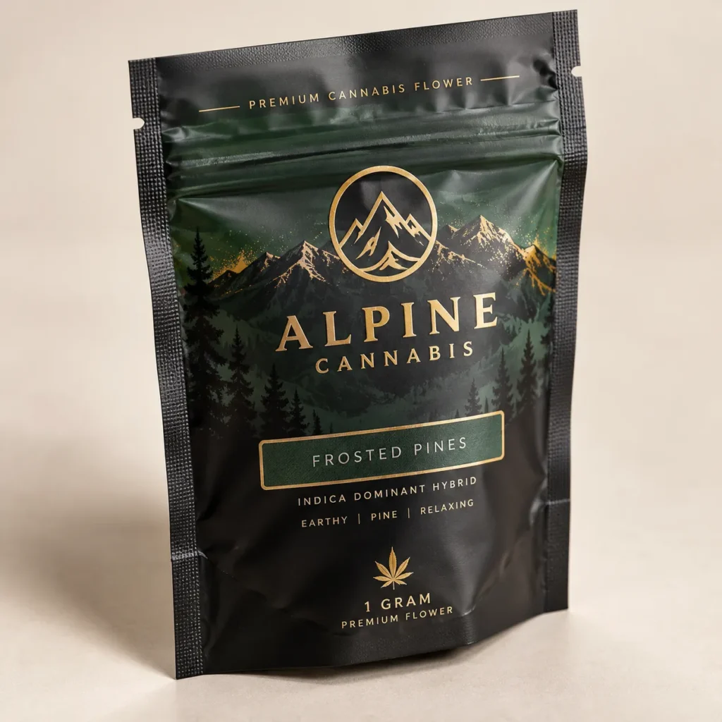 Black cannabis mylar bag with gold Alpine Cannabis Frosted Pines branding, mountain forest design, premium 1g indica flower packaging