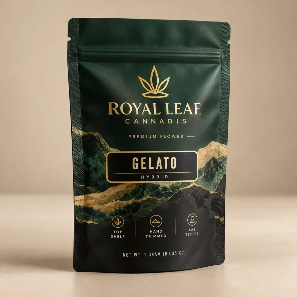 Dark green cannabis packaging bag for Royal Leaf Gelato Hybrid premium flower, gold foil branding, luxury mylar pouch design, 1g