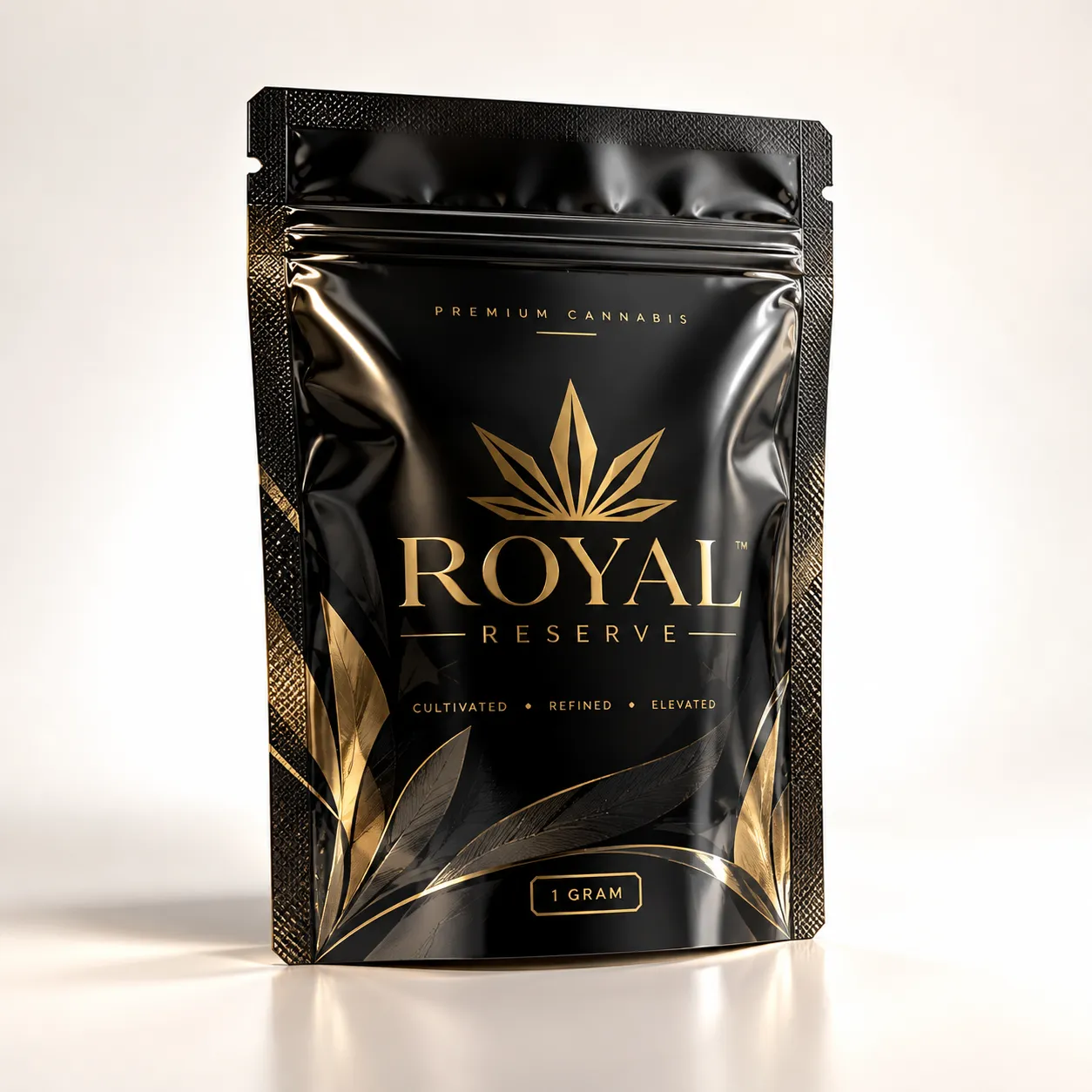Luxury black and gold cannabis mylar bag packaging design for Royal Reserve Premium Cannabis 1 gram by The Packaging Masters
