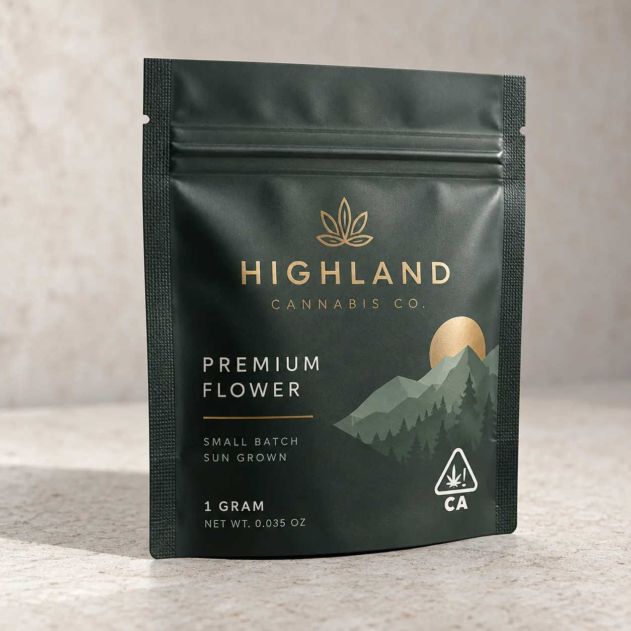 Dark green cannabis packaging bag for Highland Cannabis Co. premium flower, 1 gram, small batch sun grown, gold accents, CA compliant
