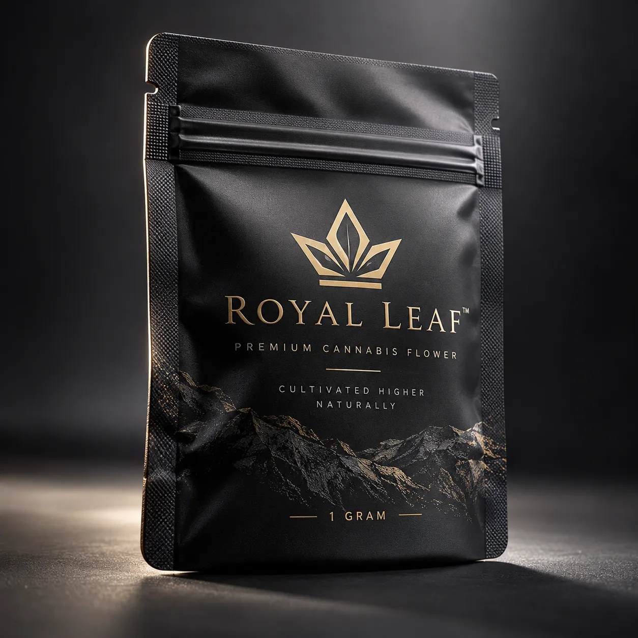 Black matte cannabis packaging bag with gold Royal Leaf premium flower branding, mountain design, 1 gram luxury mylar pouch