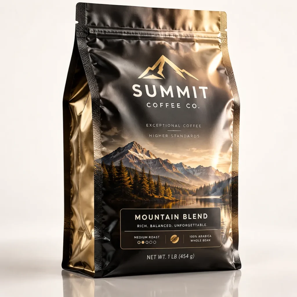 Black and gold Summit Coffee Co Mountain Blend 1lb whole bean medium roast bag with mountain lake scenery