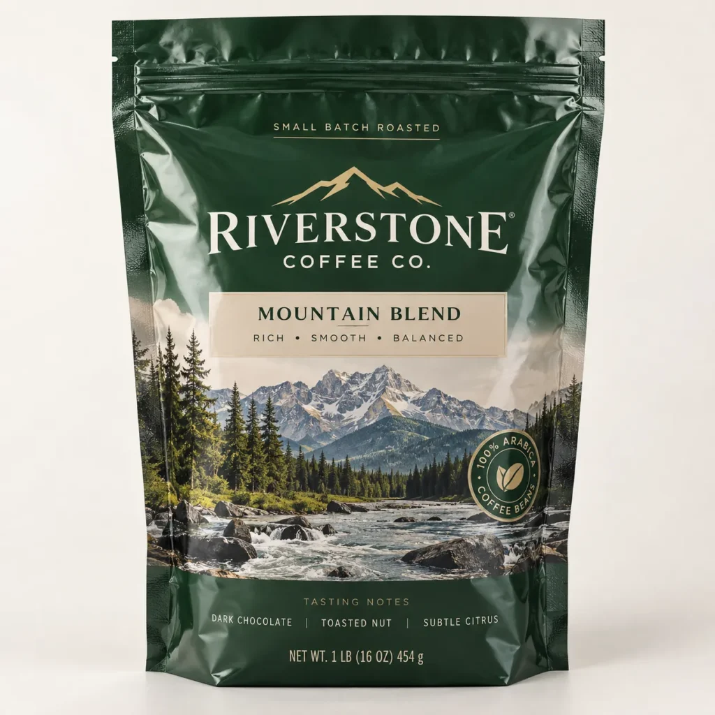 Dark green 1lb Riverstone Coffee Co Mountain Blend bag, small batch 100% Arabica, tasting notes dark chocolate toasted nut citrus