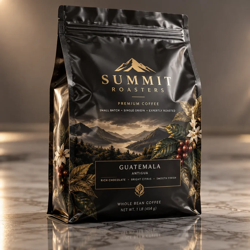 Black matte premium coffee bag packaging design for Summit Roasters Guatemala Antigua with gold typography and mountain logo on marble surface