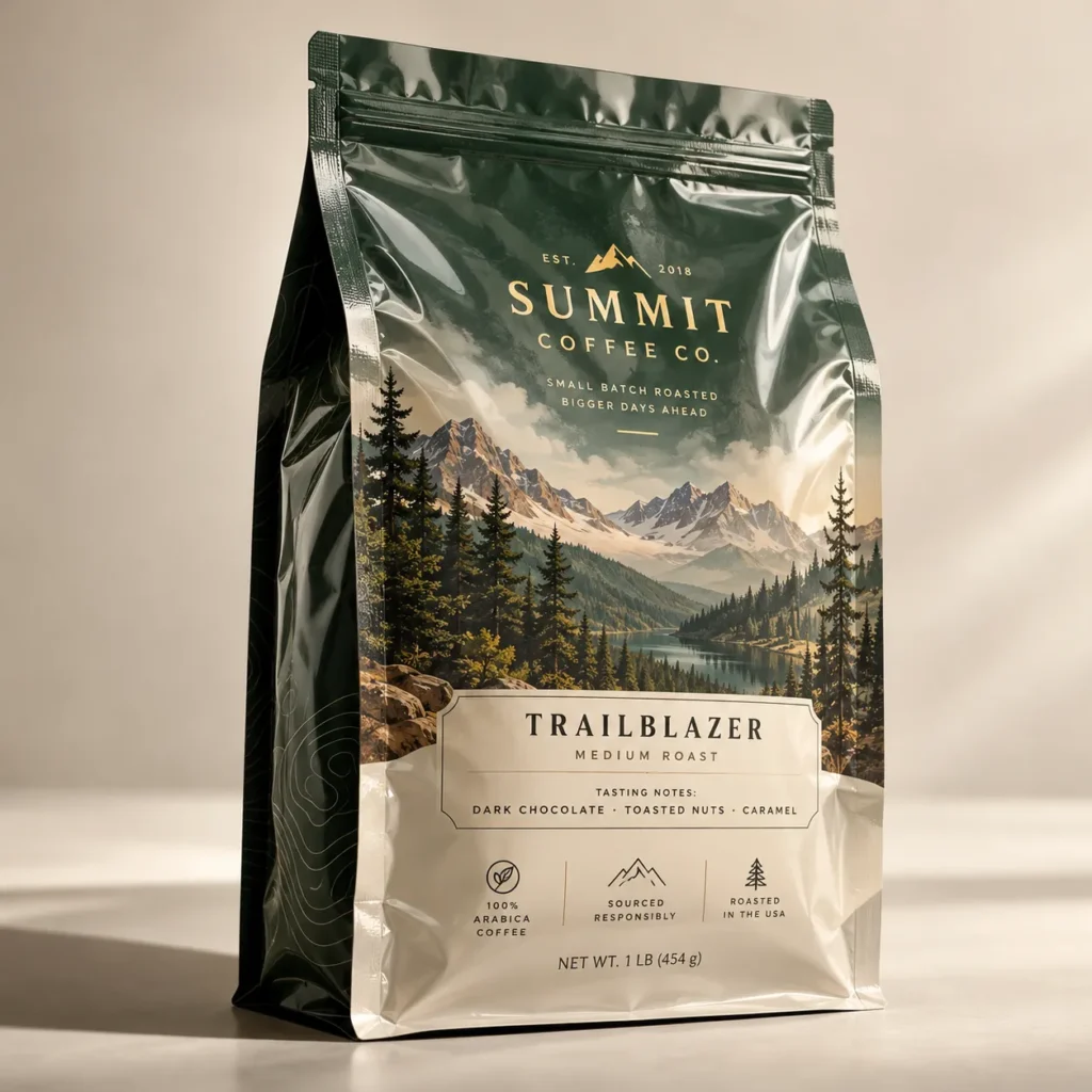 Summit Coffee Co. Trailblazer medium roast 1lb bag with dark green mountain landscape packaging design, gold typography, resealable pouch