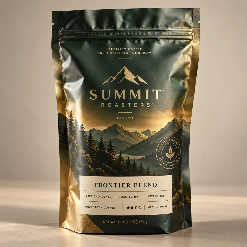 Dark green gold foil coffee bag packaging design for Summit Roasters Frontier Blend medium roast whole bean coffee, mountain landscape