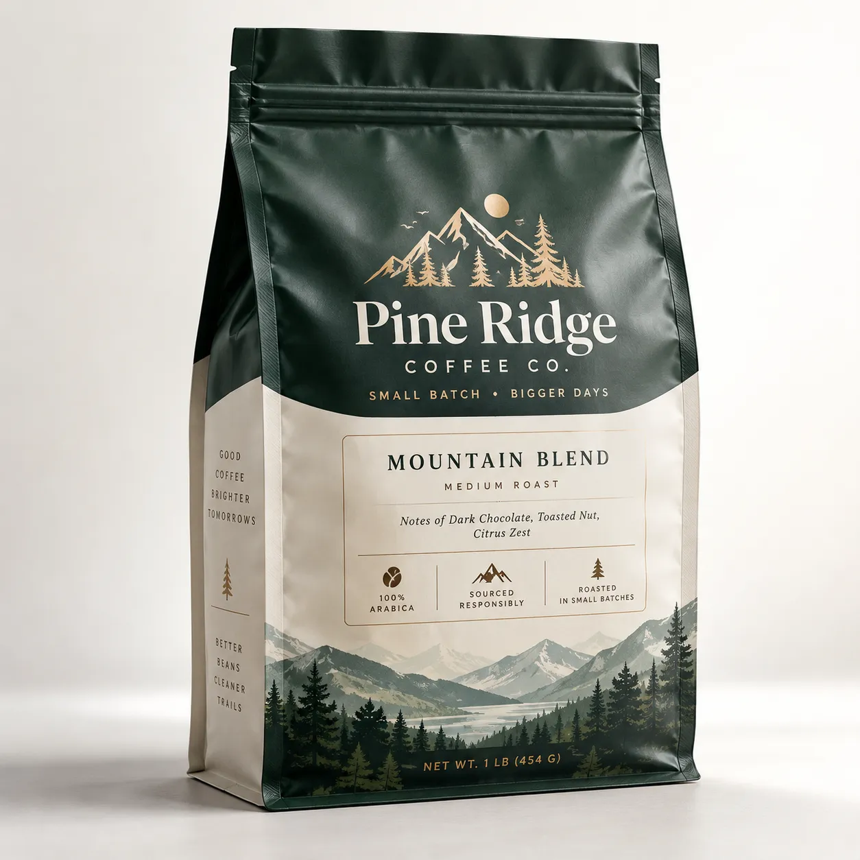 Dark green 1lb coffee bag packaging design for Pine Ridge Coffee Co. Mountain Blend medium roast with mountain landscape illustration