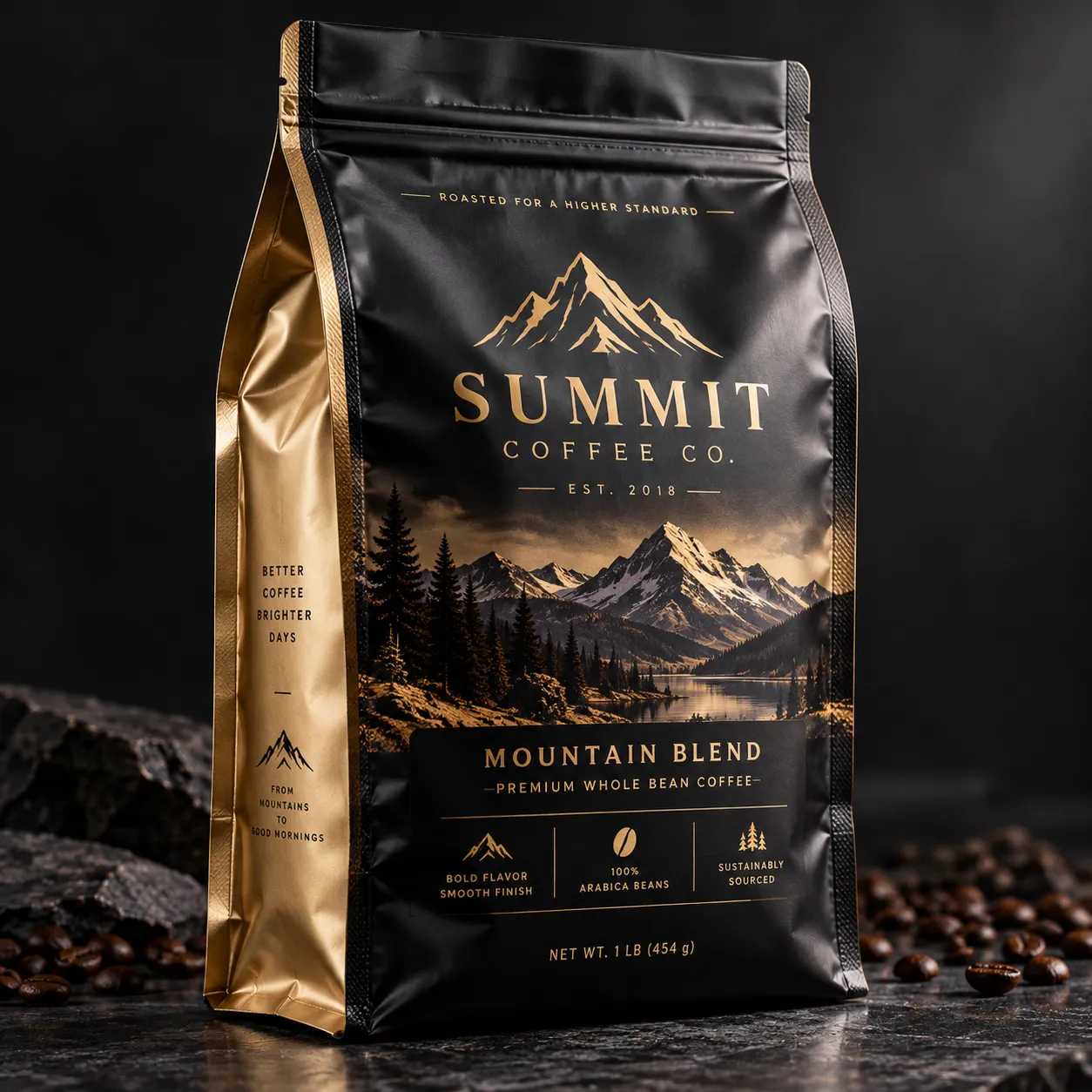 Black and gold Summit Coffee Co Mountain Blend premium whole bean coffee bag with luxury mountain landscape packaging design